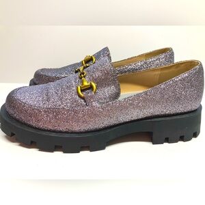 Women’s Chunky Platform Loafers, Size 10, Pinkish-Silver Glitter, Slip Ons, NWOT